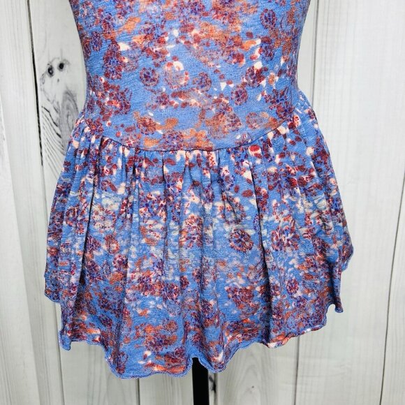Free People Babydoll Peplum Tank Top Sz XS Blue Floral Bohemian Cottage - Picture 11 of 11